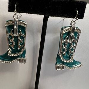 Teal Western Boot Earrings with Rhinestones